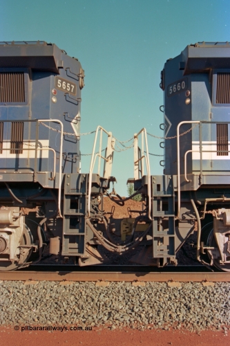 229-11
Yandi Two at the 311.5 km, view of the connections between the two remote power units on an empty train, Goninan rebuild CM40-8M GE unit 5660 on the right is the lead controlling remote, while 5657 on the left is the slave remote. [url=https://goo.gl/maps/DcycDGojcBt]GeoData[/url].
Keywords: 5660;Goninan;GE;CM40-8M;8412-05/94-151;rebuild;AE-Goodwin;ALCo;M636C;5478;G6047-10;