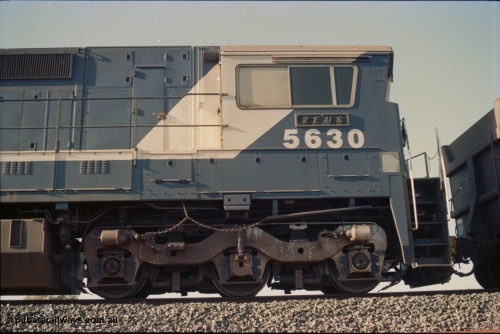 234-24
Yandi Two, BHP Iron Ore Goninan rebuild CM39-8 GE unit 5630 'Zeus' serial 5831-09 / 88-079 is second unit on the front of a 240 waggon loaded train, drivers side cab view. Circa 1998.
Keywords: 5630;Goninan;GE;CM39-8;5831-09/88-079;