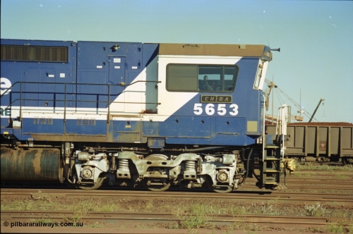 236-08
Nelson Point, Loco Overhaul Shop, BHP Dash 8 class locomotive 5653 'Chiba', a Goninan 1994 rebuild to GE CM40-8M model, serial 8412-10 / 93-144, drivers side cab view.
Keywords: 5653;Goninan;GE;CM40-8M;8412-10/93-144;rebuild;AE-Goodwin;ALCo;M636C;5484;G6061-5;