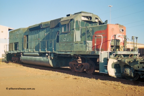 238-10
Nelson Point, ex Southern Pacific tunnel motor locomotive 8335 an EMD SD40T-2 unit, serial 786175-9 built in April 1979 and retired by Union Pacific 23rd May 2001, purchased as a spare parts source for the other SD40 style units BHP Billiton purchased in 2003/04. 19th November 2003. [url=https://goo.gl/maps/UFGwv3NGTgx] Geodata [/url].
Keywords: SP8335;EMD;SD40T-2;786175-9;