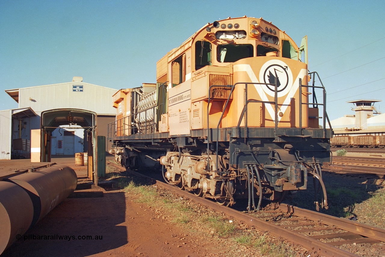 240-08
Nelson Point, retired Mt Newman Mining Comeng NSW built ALCo M636 unit 5499 serial C6096-4 sits awaiting its engine removal prior to being sent by road to Rail Heritage WA's Museum at Bassendean, Perth for preservation. 25th June 2002.
Keywords: 5499;Comeng-NSW;ALCo;M636;C6096-4;