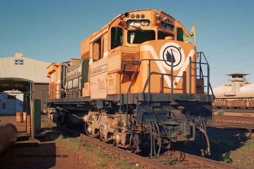 240-09
Nelson Point, retired Mt Newman Mining Comeng NSW built ALCo M636 unit 5499 serial C6096-4 sits awaiting its engine removal prior to being sent by road to Rail Heritage WA's Museum at Bassendean, Perth for preservation. 25th June 2002.
Keywords: 5499;Comeng-NSW;MLW-ALCo;M636;C6096-4;