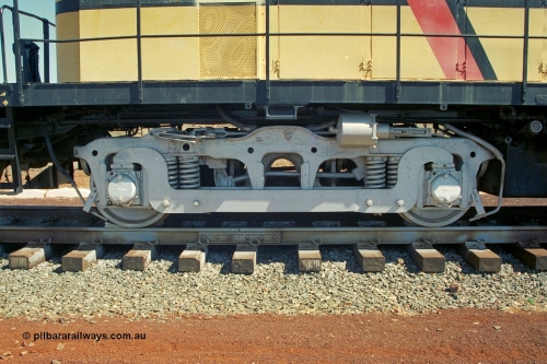 240-15
Wickham, right hand side number two end view of former Robe River and NSWGR MLW built ALCo RSC3 serial 77737 of October 1951, was originally 40 class 4006. Shows modified bogie to convert the A1A to a BO bogie type. 31st August 2002.
Keywords: 9401;MLW;ALCo;RSC3;77737;40-class;4006;