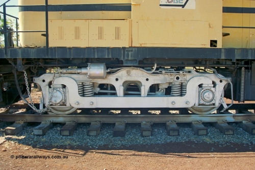 240-16
Wickham, left hand side number one end view of former Robe River and NSWGR MLW built ALCo RSC3 serial 77737 of October 1951, was originally 40 class 4006. Shows modified bogie to convert the A1A to a BO bogie type. 31st August 2002.
Keywords: 9401;MLW;ALCo;RSC3;77737;40-class;4006;