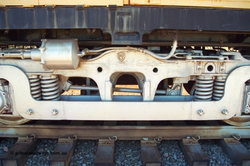 240-19
Wickham, left hand side number one end view of former Robe River and NSWGR MLW built ALCo RSC3 serial 77737 of October 1951, was originally 40 class 4006. Shows modified bogie to convert the A1A to a BO bogie type. 31st August 2002.
Keywords: 9401;MLW;ALCo;RSC3;77737;40-class;4006;