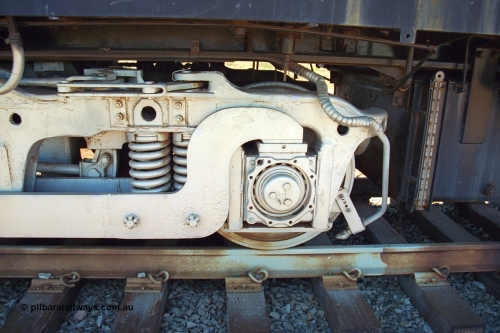 240-22
Wickham, left hand side number one end view of former Robe River and NSWGR MLW built ALCo RSC3 serial 77737 of October 1951, was originally 40 class 4006. Shows modified bogie to convert the A1A to a BO bogie type. 31st August 2002.
Keywords: 9401;MLW;ALCo;RSC3;77737;40-class;4006;