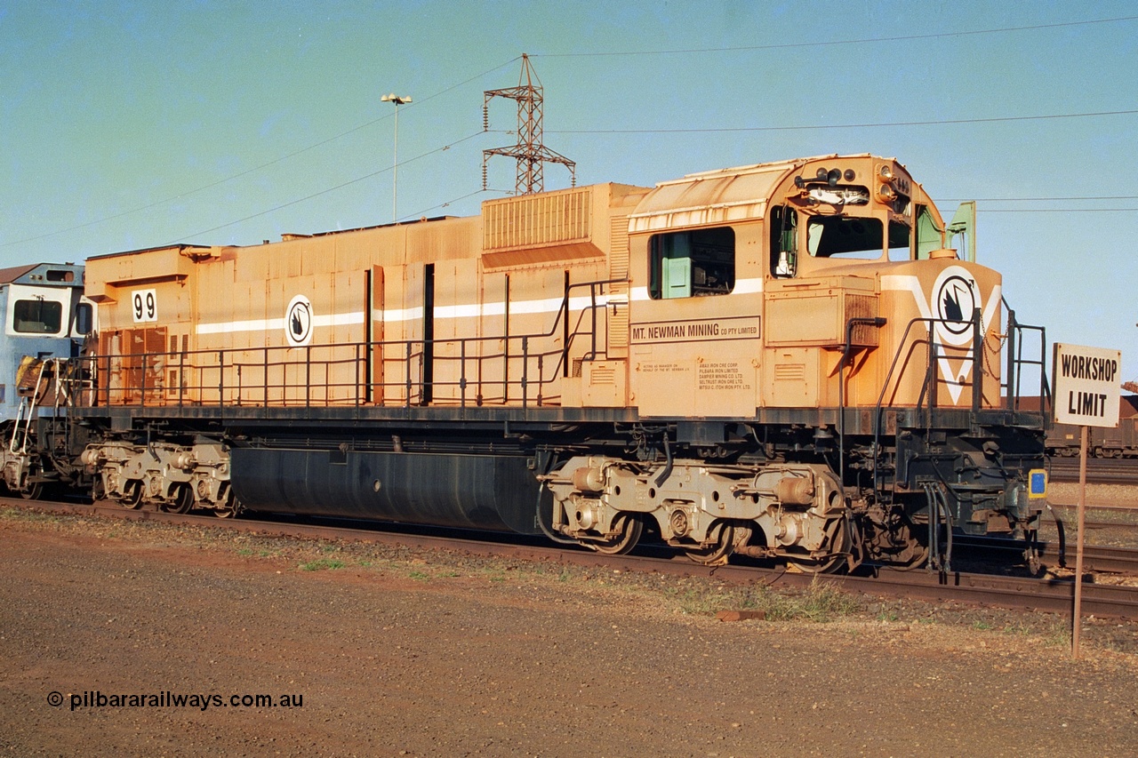 241-01
Nelson Point, Mt Newman Mining's last in-service ALCo M636 unit 5499 serial C6096-4 built by Comeng NSW sits awaiting partial dismantling before being sent by road to Rail Heritage WA's museum at Bassendean, Perth for preservation. June 2002.
Keywords: 5499;Comeng-NSW;ALCo;M636;C6096-4;