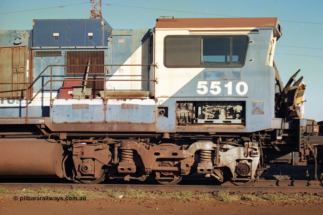 241-10
Nelson Point, Goninan GE rebuild C36-7M unit 5510 serial 4839-07 / 87-075 is in the process of being removed from site bound for Asset Kinetics in Maddington, Perth. Drivers cab side view. June 2002.
Keywords: 5510;Goninan;GE;C36-7M;4839-07/87-075;rebuild;AE-Goodwin;ALCO;C636;5458;G6027-2;