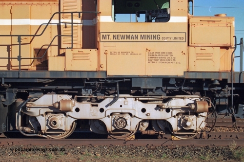241-23
Nelson Point, Mt Newman Mining's last in-service ALCo M636 unit 5499 serial C6096-4 built by Comeng NSW sits awaiting partial dismantling before being sent by road to Rail Heritage WA's museum at Bassendean, Perth for preservation. Drivers side cab view. June 2002.
Keywords: 5499;Comeng-NSW;MLW-ALCo;M636;C6096-4;