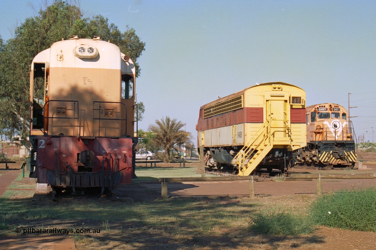 242-28
Port Hedland, Don Rhodes Mining Museum, preserved locomotives from the early days of the Port Hedland iron ore miners of Goldsworthy Mining and Mt Newman Mining. From left is a Goldsworthy Mining B class unit #2 built by English Electric serial number A-105, Mt Newman Mining 5451 which was built by EMD as an F7A model and started life with Western Pacific in the USA and Mt Newman Mining 5497, a Comeng NSW built M636 ALCo unit. May 2002.
