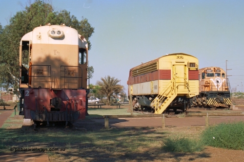 242-28
Port Hedland, Don Rhodes Mining Museum, preserved locomotives from the early days of the Port Hedland iron ore miners of Goldsworthy Mining and Mt Newman Mining. From left is a Goldsworthy Mining B class unit #2 built by English Electric serial number A-105, Mt Newman Mining 5451 which was built by EMD as an F7A model and started life with Western Pacific in the USA and Mt Newman Mining 5497, a Comeng NSW built M636 ALCo unit. May 2002.
