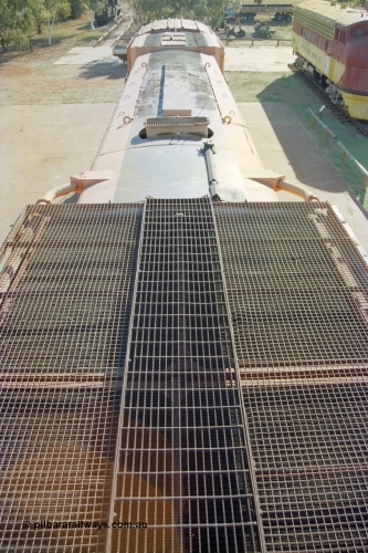 242-34
Port Hedland, Don Rhodes Mining Museum, preserved Mt Newman Mining Comeng NSW built ALCo M636 unit 5497 serial C6096-2, view of radiator and roof. May 2002.
Keywords: 5497;Comeng-NSW;MLW-ALCo;M636;C6096-2;