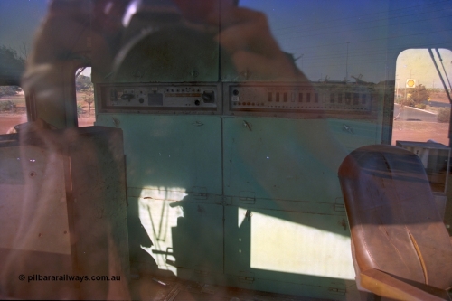 242-36
Port Hedland, Don Rhodes Mining Museum, preserved Mt Newman Mining Comeng NSW built ALCo M636 unit 5497 serial C6096-2, view looking at back of cab wall. May 2002.
Keywords: 5497;Comeng-NSW;MLW-ALCo;M636;C6096-2;