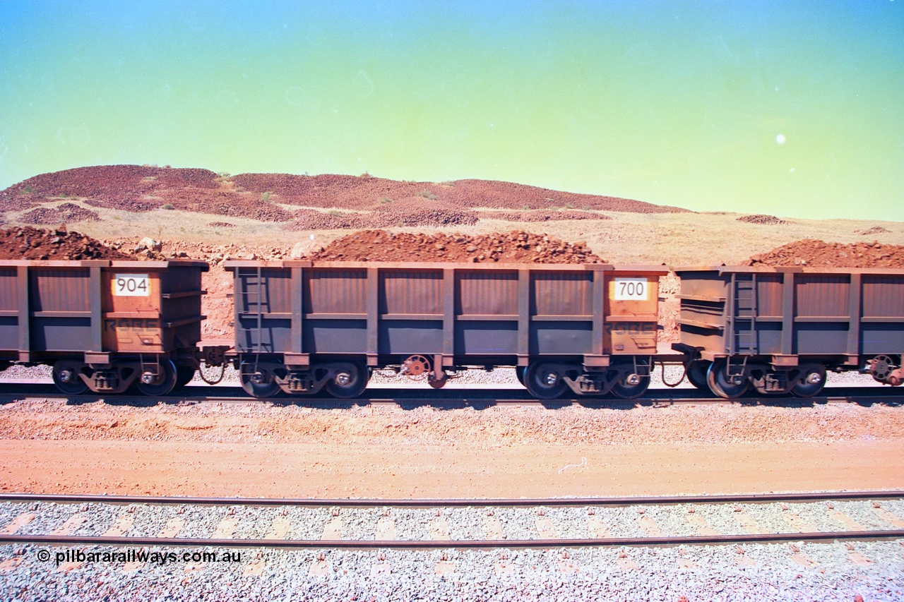 246-31
Cape Lambert, a Robe River loaded Deepdale train on the mainline with waggon 700 a Tomlinson Steel WA build. The ore is a ROM product and will be dumped over the gyratory crusher to be correctly sized. 22nd May 2002.
Keywords: 700;Tomlinson-Steel-WA;J-series;