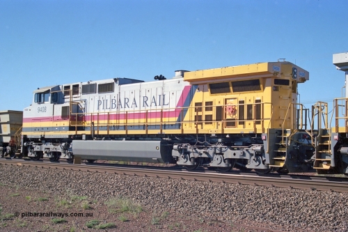 248-04
Dingo Siding on the Hamersley Iron railway at the 39 km with an empty train headed up by a pair of General Electric built Dash 9-44CW units 9408 serial 54158 from the fourth order in 2003 wearing the Pilbara Rail livery with Robe ownership markings. Approximate [url=https://goo.gl/maps/Jv752bD5KXv28oUV7]location[/url]. 24th April 2004.
Keywords: 9408;GE;Dash-9-44CW;54158;