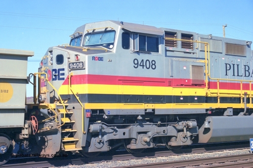 248-07
Dingo Siding on the Hamersley Iron railway at the 39 km with an empty train headed up by a pair of General Electric built Dash 9-44CW units 9408 serial 54158 from the fourth order in 2003 wearing the Pilbara Rail livery with Robe ownership markings. Approximate [url=https://goo.gl/maps/Jv752bD5KXv28oUV7]location[/url]. 24th April 2004.
Keywords: 9408;GE;Dash-9-44CW;54158;