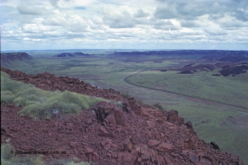 249-16
Table Hill on the Robe River railway line, looking in a southerly direction as the railway line snakes south towards the Chichester's. Approximate [url=https://goo.gl/maps/N5uVaWQmHfYTJvFK9]location[/url].
