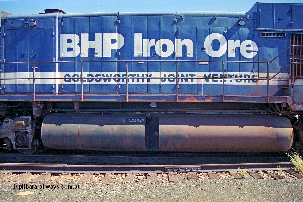 251-08
Nelson Point, BHP's recently retired Goninan WA ALCo C636 to GE C36-7M rebuild unit 5507 panel side view of Goldsworthy Joint Venture lettering. One of only three units to carry such. 22nd April 2000.
Keywords: 5507;Goninan;GE;C36-7M;4839-03/87-072;rebuild;AE-Goodwin;ALCo;C636;5461;G6035-2;