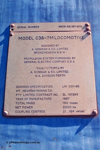 251-07
Nelson Point, BHP's recently retired Goninan WA ALCo C636 to GE C36-7M rebuild unit 5507 builders plate. 22nd April 2000.
Keywords: 5507;Goninan;GE;C36-7M;4839-03/87-072;rebuild;AE-Goodwin;ALCo;C636;5461;G6035-2;