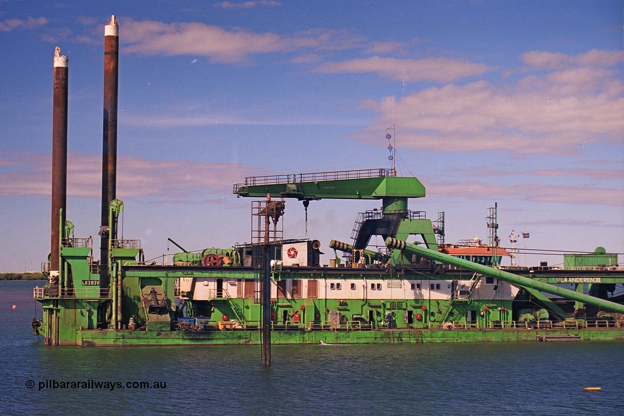 253-10
Port Hedland harbour sees the suction / cutter dredge Vlaanderen XI with IMO #7712080. The Vlaanderen XI was originally built in 1978 by IHC Dredgers with yard number 1108 and originally named New Amsterdam, named the Vlaanderen XI in 1986, renamed again in 2007 to Kaveri and again to Huta 15 in 2014.
