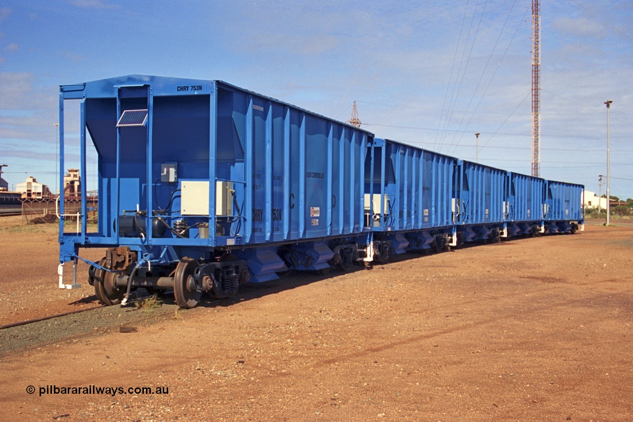 253-20
Nelson Point hard stand area, a delivery of CFCLA lease ballast hopper waggons coded CHRY await entry to service. These waggons were bought over from the USA with code CRDX for CFCL by CFCLA with work and repainting carried out at Gemco WA.
Keywords: CHRY-type;CHRY753;CFCLA;CRDX-type;BHP-ballast-waggon;