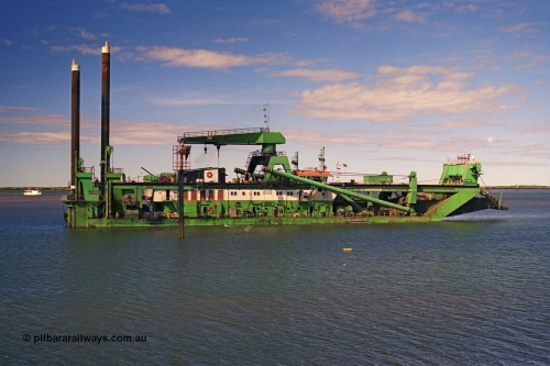 253-07
Port Hedland harbour sees the suction / cutter dredge Vlaanderen XI with IMO #7712080. The Vlaanderen XI was originally built in 1978 by IHC Dredgers with yard number 1108 and originally named New Amsterdam, named the Vlaanderen XI in 1986, renamed again in 2007 to Kaveri and again to Huta 15 in 2014.
