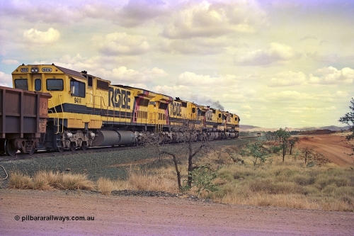 255-31
Western Creek at the 71 km on the Cape Lambert to Deepdale line an empty Robe River train powers upgrade behind the standard quad CM40-8M lash up led by Goninan CM40-8M unit 9425, 9410, 9420 and 9414 with serial number 8206-11 / 91-124. The Western Creek interconnecting line can be seen branching off to the right. Geodata [url=https://goo.gl/maps/fzacjsy5LHGwuSRg8]location here[/url]. May 2002.
Keywords: 9414;Goninan;GE;CM40-8M;8206-11/91-124;rebuild;AE-Goodwin;ALCo;M636;G6060-5;