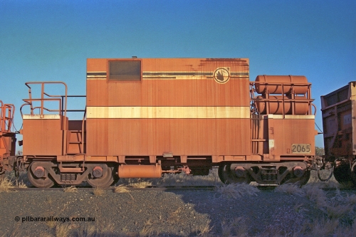 257-12
Flash Butt yard, Locotrol I remote waggon 2065 which is modified from a Comeng ore waggon in the 1980s. Late 2001.

