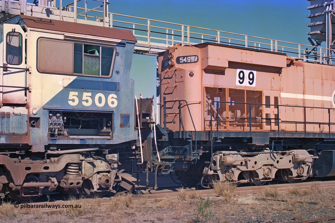 258-21
Nelson Point, old Loco Prep, Mt Newman Mining's last in-service ALCo M636 unit 5499 serial C6096-4 built by Comeng NSW sits awaiting partial dismantling before being sent by road to Rail Heritage WA's museum at Bassendean, Perth for preservation. May 2002.
Keywords: 5499;Comeng-NSW;ALCo;M636;C6096-4;