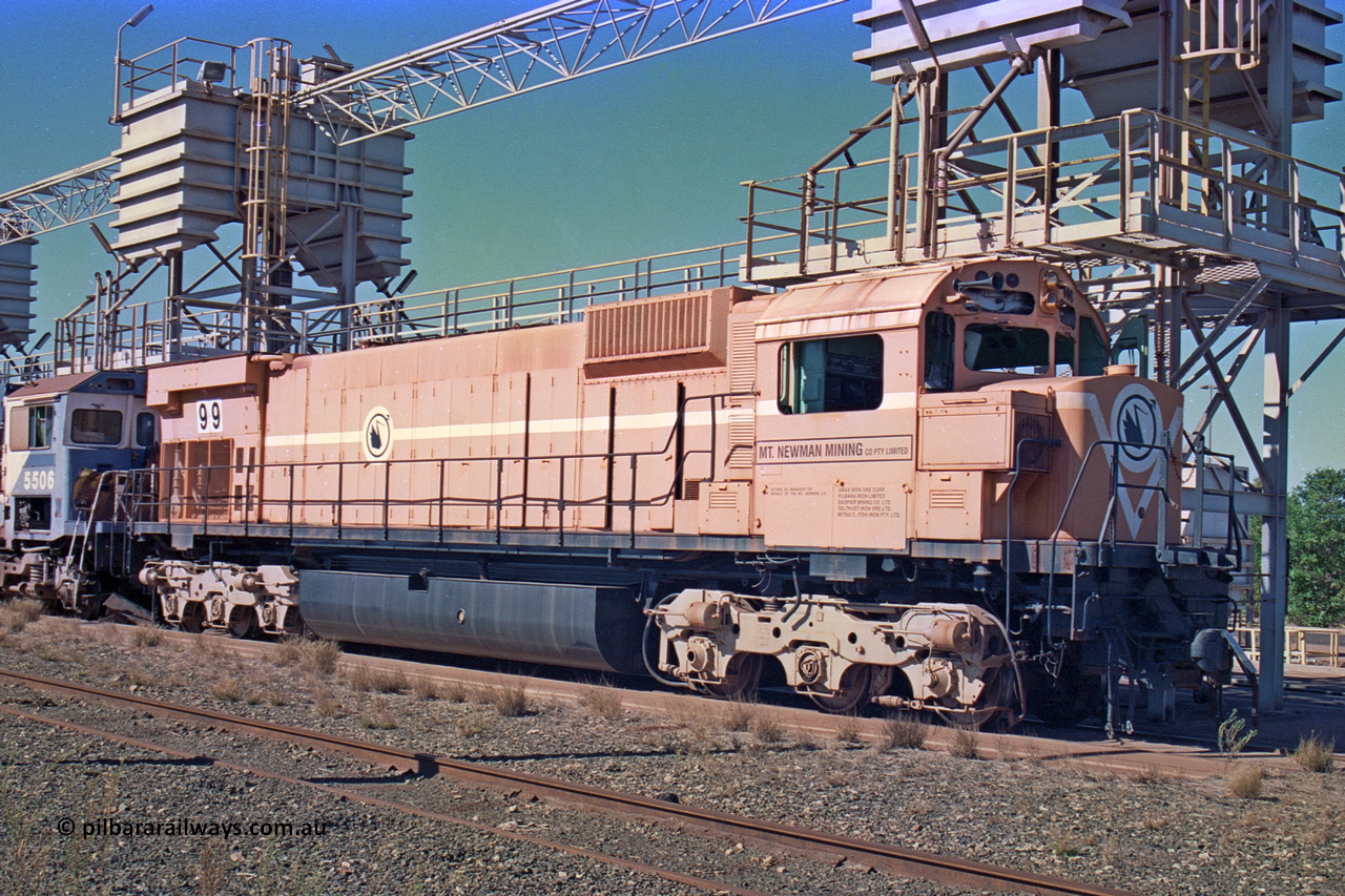 258-25
Nelson Point, old Loco Prep, Mt Newman Mining's last in-service ALCo M636 unit 5499 serial C6096-4 built by Comeng NSW sits awaiting partial dismantling before being sent by road to Rail Heritage WA's museum at Bassendean, Perth for preservation. May 2002.
Keywords: 5499;Comeng-NSW;ALCo;M636;C6096-4;