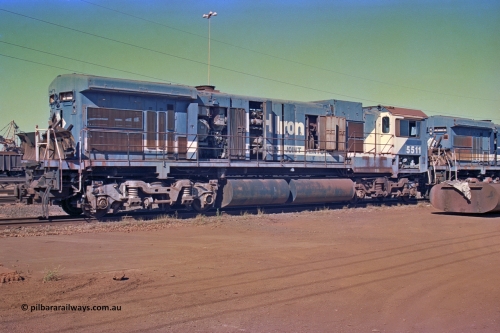 258-05
Nelson Point, Goninan GE rebuild C36-7M unit 5512 serial 4839-08 / 87-076 is in the process of being removed from site bound for Asset Kinetics in Maddington, Perth. May 2002.
Keywords: 5511;Goninan;GE;C36-7M;4839-08/87-076;rebuild;AE-Goodwin;ALCo;C636;5463;G6035-4;