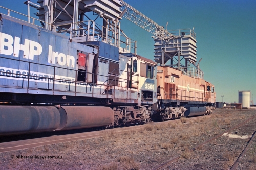 258-14
Nelson Point, old Loco Prep, Mt Newman Mining's last in-service ALCo M636 unit 5499 serial C6096-4 built by Comeng NSW sits awaiting partial dismantling before being sent by road to Rail Heritage WA's museum at Bassendean, Perth for preservation. May 2002.
Keywords: 5499;Comeng-NSW;MLW-ALCo;M636;C6096-4;
