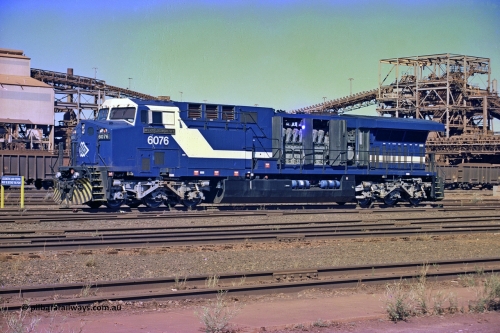 258-30
Nelson Point, Loco Overhaul Shop, General Electric built AC6000 locomotive 6076 'Mt Goldsworthy' serial 51068. Early May 2002.
Keywords: 6076;GE;AC6000;51068;