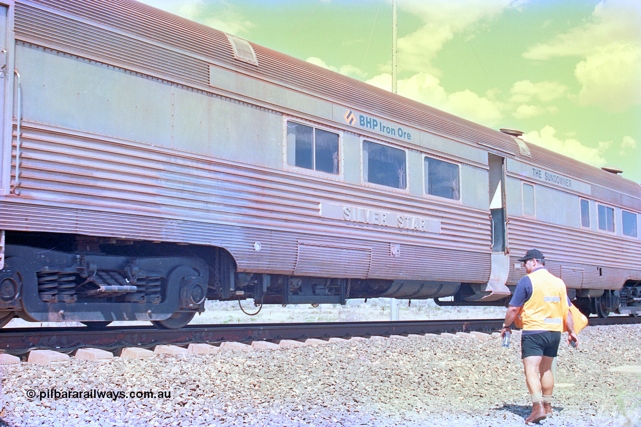 268-22
At the 39 km detection site with the Alstom 25-year special, the Sundowner coach, originally built by E. G. Budd in 1939 numbered 301 as the Silver Star, a diner-parlour-observation coach on the Chicago, Burlington and Quincy Railroad's General Pershing Zephyr train from the 1930s and 1940s. Donated to Mt Newman Mining Co. by AMAX an original joint venture partner to commemorate the projects first 100 million tonnes of iron ore railed between Mount Whaleback mine and the Port Hedland port. 12th of April 2002.
Keywords: Silver-Star;EG-Budd;Sundowner;General-Pershing-Zephyr;301;