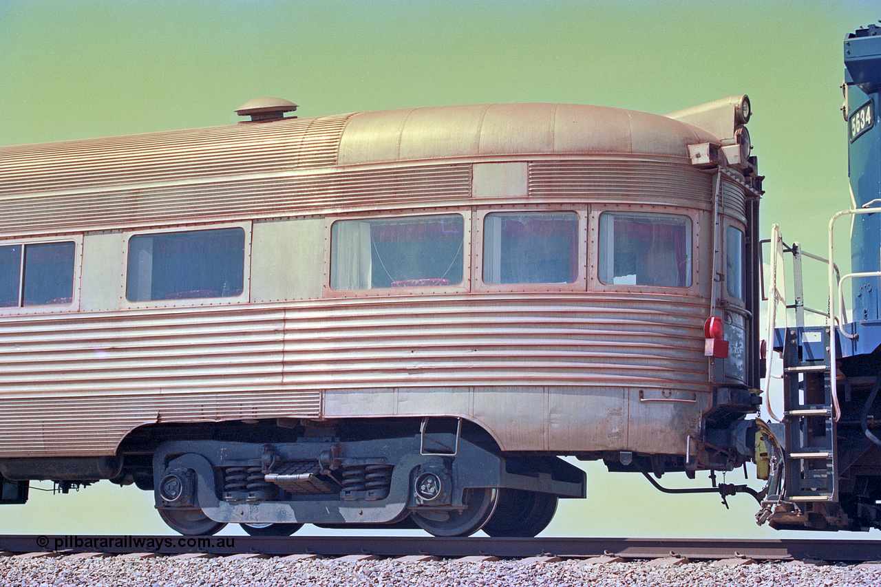 268-31
At the 39 km detection site with the Alstom 25-year special, the Sundowner coach, originally built by E. G. Budd in 1939 numbered 301 as the Silver Star, a diner-parlour-observation coach on the Chicago, Burlington and Quincy Railroad's General Pershing Zephyr train from the 1930s and 1940s. Donated to Mt Newman Mining Co. by AMAX an original joint venture partner to commemorate the projects first 100 million tonnes of iron ore railed between Mount Whaleback mine and the Port Hedland port. 12th of April 2002.
Keywords: Silver-Star;EG-Budd;Sundowner;General-Pershing-Zephyr;301;