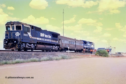 268-03
At the 39 km detection site with the Alstom 25-year service agreement special, BHP Iron Ore's Goninan GE rebuild CM40-8M unit 5653 'Chiba' serial number 8412-10 / 93-144 stands on the Newman mainline with The Sundowner and 5634 on the rear of the train as the party conducts an inspection of the site. Friday 12th of April 2002.
Keywords: 5653;Goninan;GE;CM40-8M;8412-10/93-144;rebuild;AE-Goodwin;ALCo;M636C;5484;G6061-5;