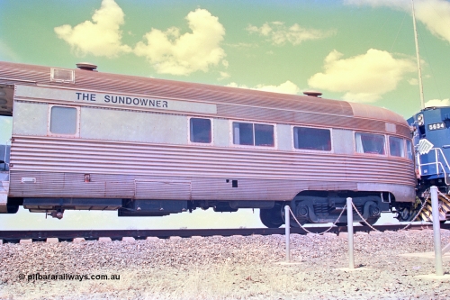 268-19
At the 39 km detection site with the Alstom 25-year special, the Sundowner coach, originally built by E. G. Budd in 1939 numbered 301 as the Silver Star, a diner-parlour-observation coach on the Chicago, Burlington and Quincy Railroad's General Pershing Zephyr train from the 1930s and 1940s. Donated to Mt Newman Mining Co. by AMAX an original joint venture partner to commemorate the projects first 100 million tonnes of iron ore railed between Mount Whaleback mine and the Port Hedland port. 12th of April 2002.
Keywords: Silver-Star;EG-Budd;Sundowner;General-Pershing-Zephyr;301;