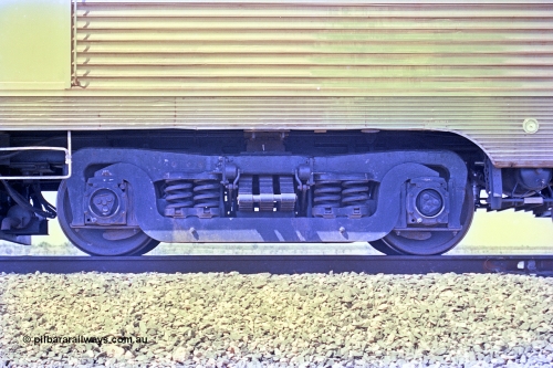 268-21
At the 39 km detection site with the Alstom 25-year special, the Sundowner coach, originally built by E. G. Budd in 1939 numbered 301 as the Silver Star, a diner-parlour-observation coach on the Chicago, Burlington and Quincy Railroad's General Pershing Zephyr train from the 1930s and 1940s. Donated to Mt Newman Mining Co. by AMAX an original joint venture partner to commemorate the projects first 100 million tonnes of iron ore railed between Mount Whaleback mine and the Port Hedland port. 12th of April 2002.
Keywords: Silver-Star;EG-Budd;Sundowner;General-Pershing-Zephyr;301;