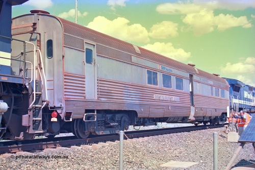 268-25
At the 39 km detection site with the Alstom 25-year special, the Sundowner coach, originally built by E. G. Budd in 1939 numbered 301 as the Silver Star, a diner-parlour-observation coach on the Chicago, Burlington and Quincy Railroad's General Pershing Zephyr train from the 1930s and 1940s. Donated to Mt Newman Mining Co. by AMAX an original joint venture partner to commemorate the projects first 100 million tonnes of iron ore railed between Mount Whaleback mine and the Port Hedland port. 12th of April 2002.
Keywords: Silver-Star;EG-Budd;Sundowner;General-Pershing-Zephyr;301;