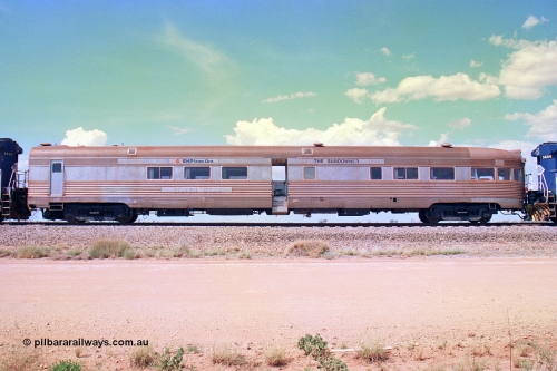 268-29
At the 39 km detection site with the Alstom 25-year special, left hand side view of the Sundowner coach, originally built by E. G. Budd in 1939 numbered 301 as the Silver Star, a diner-parlour-observation coach on the Chicago, Burlington and Quincy Railroad's General Pershing Zephyr train from the 1930s and 1940s. Donated to Mt Newman Mining Co. by AMAX an original joint venture partner to commemorate the projects first 100 million tonnes of iron ore railed between Mount Whaleback mine and the Port Hedland port. 12th of April 2002.
Keywords: Silver-Star;EG-Budd;Sundowner;General-Pershing-Zephyr;301;