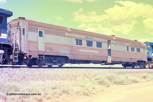 268-34
At the 39 km detection site with the Alstom 25-year special, view from the No. 1 End of the Sundowner coach, originally built by E. G. Budd in 1939 numbered 301 as the Silver Star, a diner-parlour-observation coach on the Chicago, Burlington and Quincy Railroad's General Pershing Zephyr train from the 1930s and 1940s. Donated to Mt Newman Mining Co. by AMAX an original joint venture partner to commemorate the projects first 100 million tonnes of iron ore railed between Mount Whaleback mine and the Port Hedland port. 12th of April 2002.
Keywords: Silver-Star;EG-Budd;Sundowner;General-Pershing-Zephyr;301;