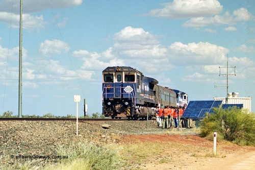 269-01
At the 39 km detection site with the Alstom 25-year service agreement special, BHP Iron Ore's Goninan GE rebuild CM40-8M unit 5653 'Chiba' serial number 8412-10 / 93-144 stands on the Newman mainline with The Sundowner and 5634 on the rear of the train as the party conducts an inspection of the site. Friday 12th of April 2002.
Keywords: 5653;Goninan;GE;CM40-8M;8412-10/93-144;rebuild;AE-Goodwin;ALCo;M636C;5484;G6061-5;