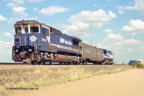 269-12
At the 39 km detection site with the Alstom 25-year service agreement special, BHP Iron Ore's Goninan GE rebuild CM40-8M unit 5653 'Chiba' serial number 8412-10 / 93-144 heads back to Nelson Point with The Sundowner and 5634 on the rear of the train. Friday 12th of April 2002.
Keywords: 5653;Goninan;GE;CM40-8M;8412-10/93-144;rebuild;AE-Goodwin;ALCo;M636C;5484;G6061-5;