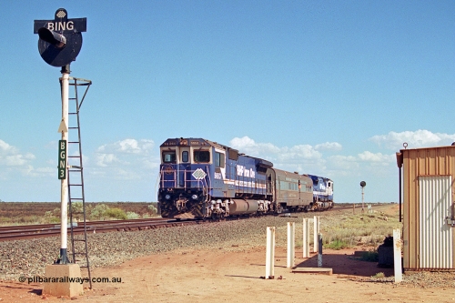 269-17
Bing North and the Alstom 25-year service agreement special led by BHP Iron Ore's Goninan GE rebuild CM40-8M unit 5653 'Chiba' serial number 8412-10 / 93-144 heads back to Nelson Point with The Sundowner and 5634 on the rear of the train. Friday 12th of April 2002.
Keywords: 5653;Goninan;GE;CM40-8M;8412-10/93-144;rebuild;AE-Goodwin;ALCo;M636C;5484;G6061-5;