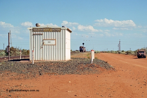 269-19
Goldsworthy Junction, and the Alstom 25-year service agreement special led by BHP Iron Ore's Goninan GE rebuild CM40-8M unit 5653 'Chiba' serial number 8412-10 / 93-144 heads back to Nelson Point with The Sundowner and 5634 on the rear of the train. Friday 12th of April 2002.
Keywords: 5653;Goninan;GE;CM40-8M;8412-10/93-144;rebuild;AE-Goodwin;ALCo;M636C;5484;G6061-5;