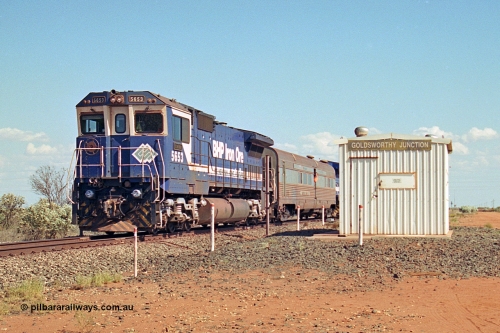 269-22
Goldsworthy Junction, and the Alstom 25-year service agreement special led by BHP Iron Ore's Goninan GE rebuild CM40-8M unit 5653 'Chiba' serial number 8412-10 / 93-144 heads back to Nelson Point with The Sundowner and 5634 on the rear of the train. Friday 12th of April 2002.
Keywords: 5653;Goninan;GE;CM40-8M;8412-10/93-144;rebuild;AE-Goodwin;ALCo;M636C;5484;G6061-5;