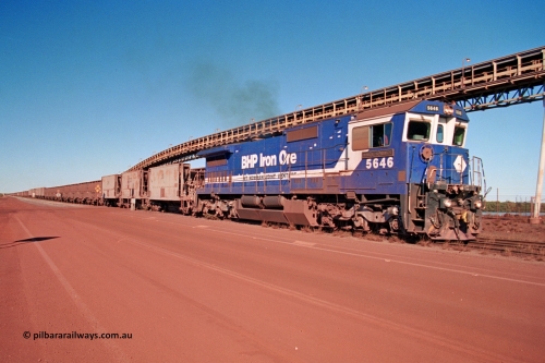 275-22
Finucane Island, BHP Iron Ore's CM40-8 locomotive 5646 'White Springs' arrives at the island across the -0.8 km grade crossing and the No. 6 switch where the balloon loops rejoins the mainline. The elevated conveyor is for the HBI plant. August 10, 2003.
Keywords: 5646;Goninan;GE;CM40-8;8244-11/92-135;