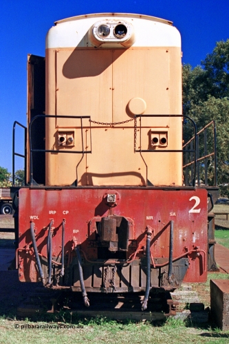 275-30
Port Hedland, Don Rhodes Mining Museum, preserved Goldsworthy Mining B class unit #2 serial number A-105, these units of Bo-Bo design with a 6CSRKT 640 kW prime mover were built at the English Electric Rocklea Qld plant in 1965 and primarily used for the construction of the Goldsworthy to Finucane Island railway, then ore trains and then the daily supply train once the A class arrived. August 10, 2003.
Keywords: 2;B-class;English-Electric-Qld;ST95B;A-105;GML;Goldsworthy-Mining;