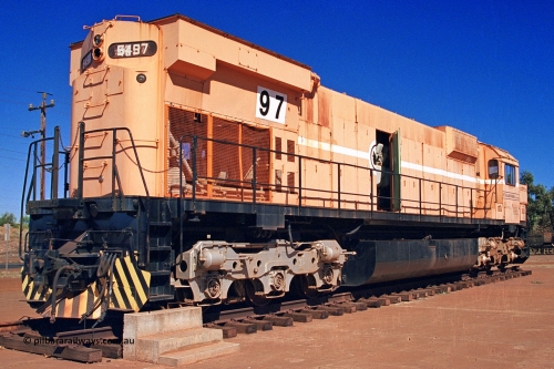 275-36
Port Hedland, Don Rhodes Mining Museum, plinthed Mt Newman Mining M636 Alco locomotive 5497, built by Comeng NSW in November 1975 with serial number C6096-2. August 10, 2003.
Keywords: 5497;Comeng-NSW;MLW-ALCo;M636;C6096-2;