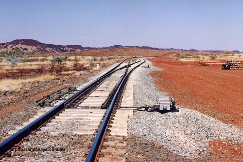 283-11
Harding Siding on the Robe River line at the 42 kilometre post looking in the down direction towards Deepdale. Recently extended north end of the siding to accommodate the soon to be West Angelas traffic and longer trains. 22nd of May 2002.
